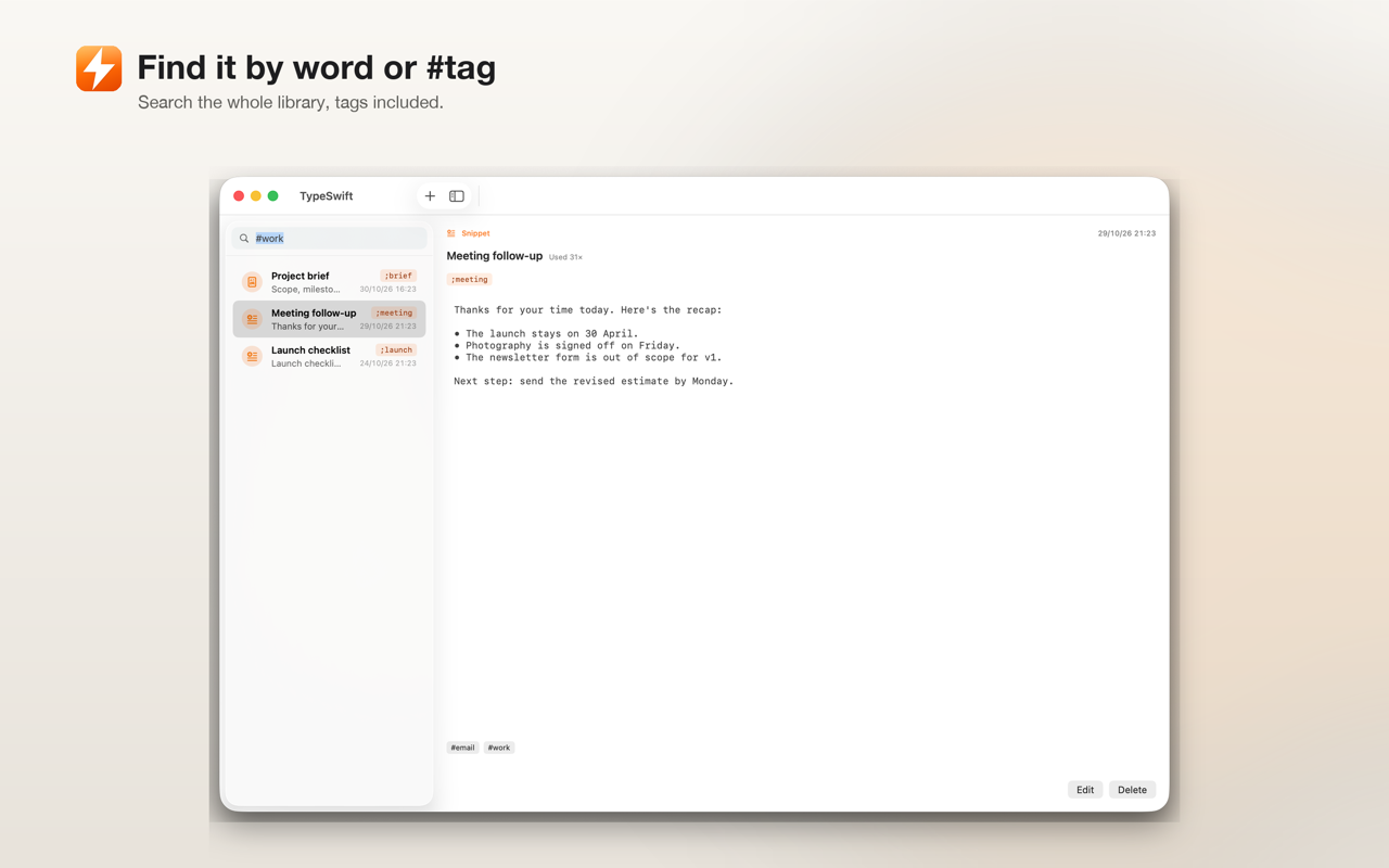 Searching the library by word and by #tag.